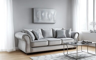 Modern gray sofa in a bright living room.