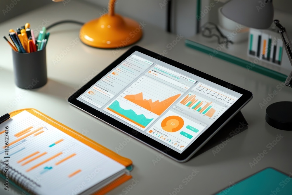 Aufkleber A tablet displaying data analytics with graphs and charts on a modern workspace.