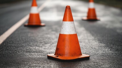 Safety Cones on Wet Asphalt Road