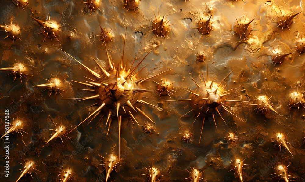 Poster a detailed golden textured surface featuring intricate spikes and abstract patterns, illuminated in 