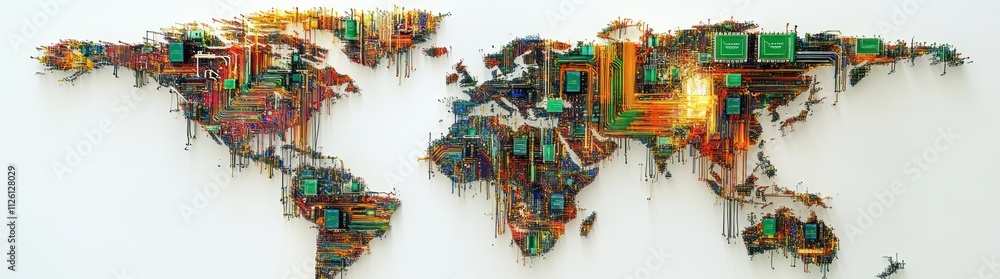 Poster a colorful, artistic representation of the world map made from electronic components.