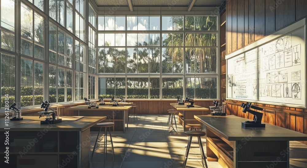 Poster A bright science classroom with microscopes and large windows, ideal for learning.
