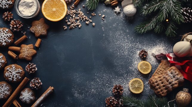 festive background with baking ingredients and holiday cookies in progress, Christmas festive food presentation on black stone, cute lemon  spread flour on kitchen counter, christmas cookies thumbnail