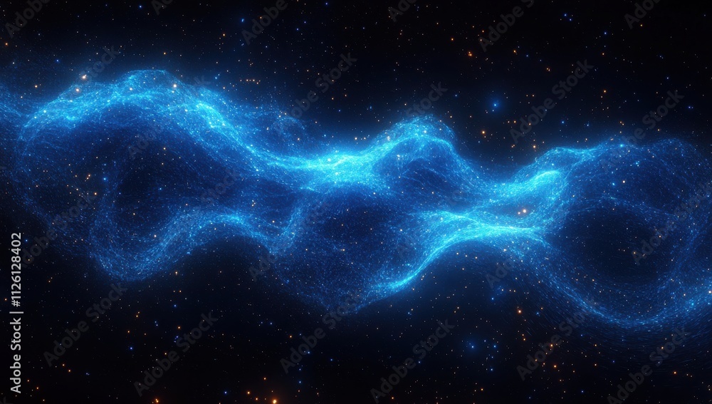 Wall mural abstract blue glowing particle waves on a black background. digital abstract futuristic design for t