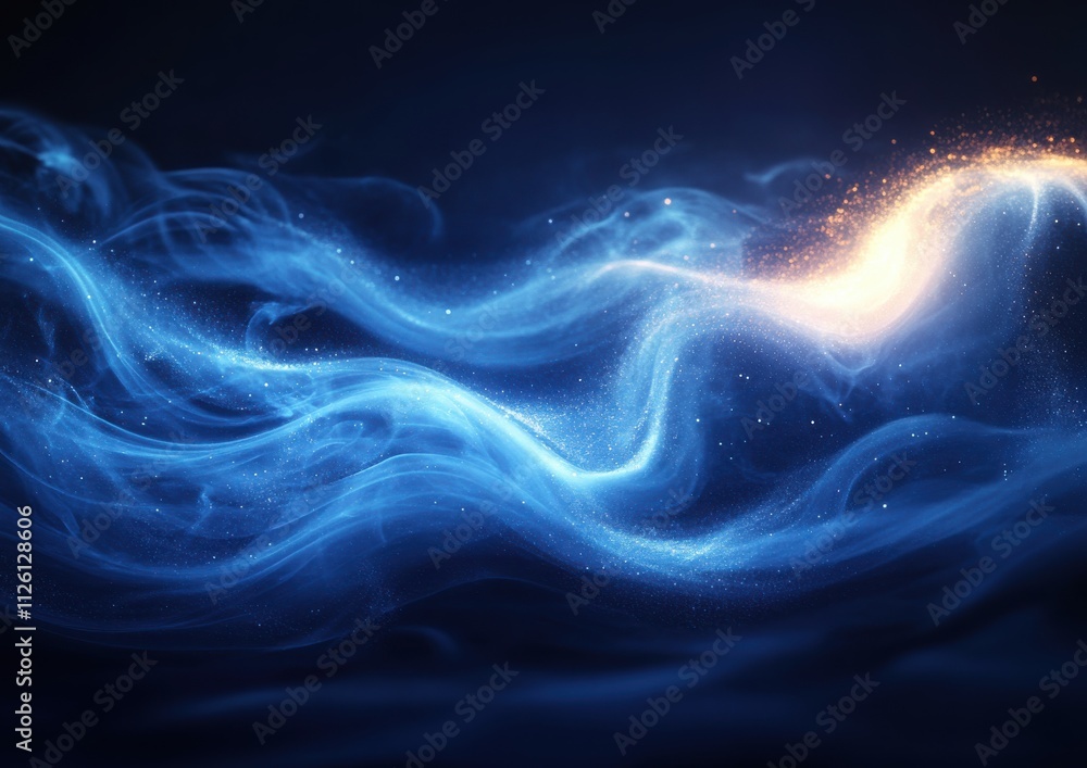 Wall mural abstract blue glowing particle waves on a black background. digital abstract futuristic design for t