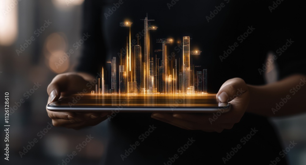 Poster a person holds a tablet displaying a glowing city skyline, symbolizing technology and innovation.