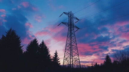 Silhouettes of Trees and a Power Line Against a Dramatic Sunset Sky