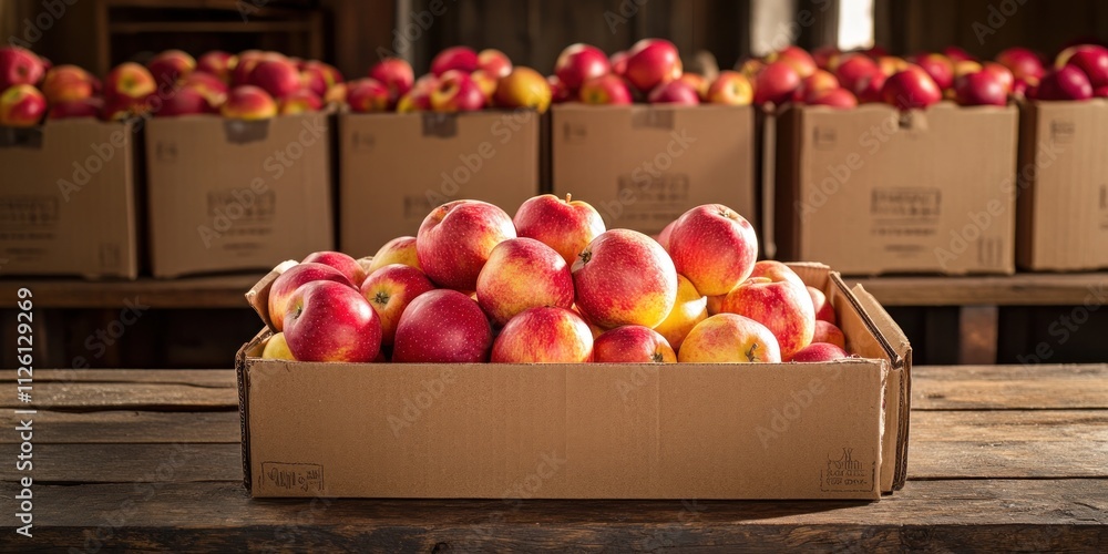 Poster a box of fresh apples displayed in a rustic setting.