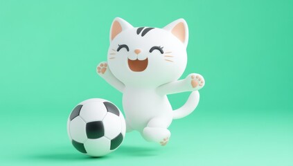 A joyful cartoon cat playing with a soccer ball against a bright background.