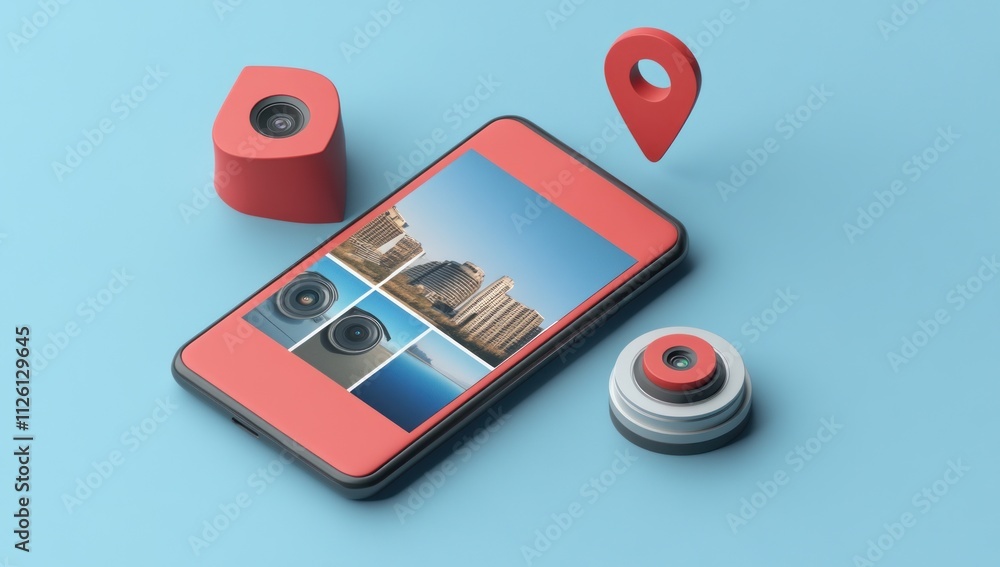 Poster a smartphone displaying images with camera and location icons, emphasizing photography and travel.