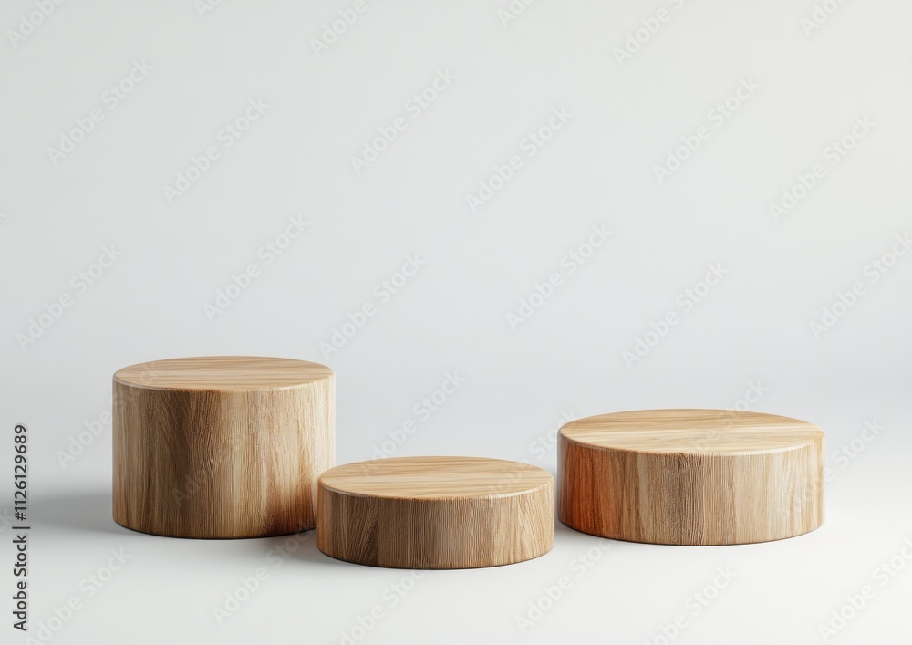 Aufkleber three wooden cylindrical objects of varying sizes on a minimalist background.