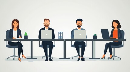 Office Workspace with Employees Engaged in Flat Design Illustration