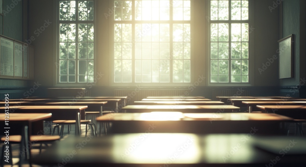 Aufkleber A sunlit classroom with empty desks, evoking a sense of learning and reflection.