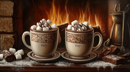 Two cozy cups of hot chocolate topped with marshmallows, set by a warm fireplace.