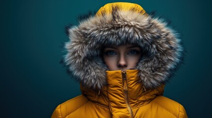 Close-up portrait of a woman in a yellow hooded winter parka with fur trim against a teal background.