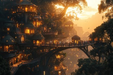 Enchanting evening festival tree village digital art lush forest wide angle whimsical community celebration