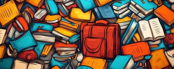 Obraz premium A chaotic arrangement of colorful books with a red suitcase in the center.