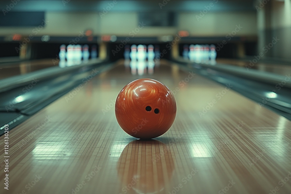 Poster a close-up view of a bowling ball on a polished lane, ready for a game.