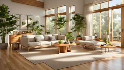 Fototapeta premium A modern, bright living room filled with plants and natural light, designed for relaxation.