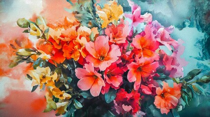 A vibrant bouquet of colorful flowers in shades of orange, pink, and yellow, set against a soft, blended background.