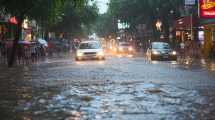 City street flooded during heavy rain, cars and pedestrians navigating through deep water.