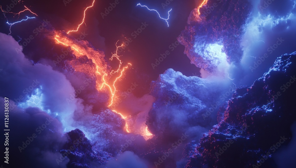 Poster abstract depiction of turbulent clouds with lightning in vibrant colors.