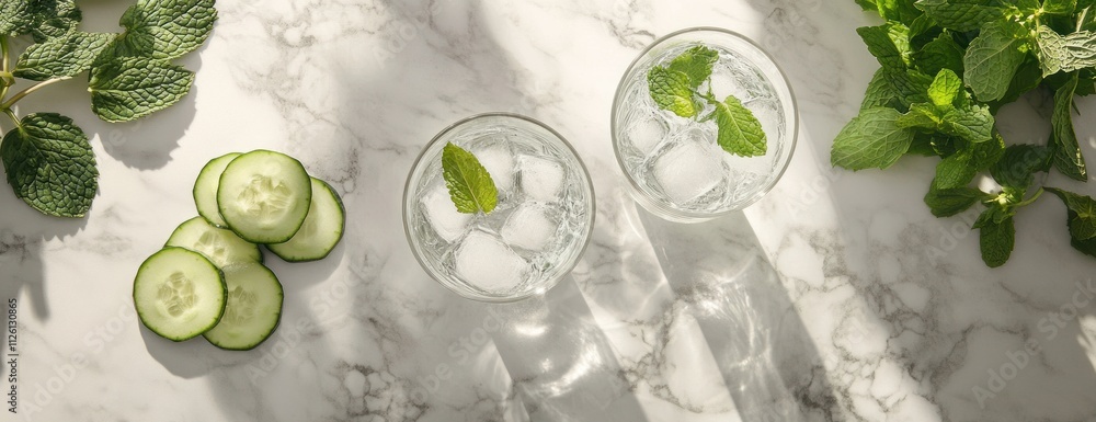 Poster refreshing drinks with cucumber and mint on a marble surface.