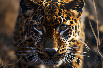 Obraz premium A striking close-up of a leopard, showcasing its intricate coat patterns and intense gaze against a blurred natural backdrop.
