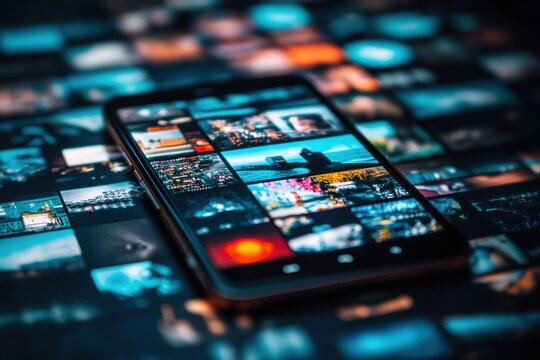 A smartphone is open to a social media news feed showing a variety of images and updates, symbolizing the digital information exchange. Generative AI