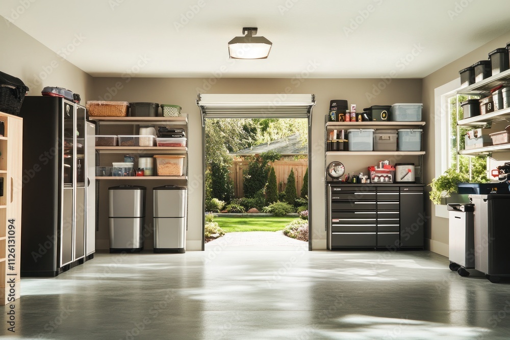 Aufkleber a tidy garage with storage units and a view of a landscaped garden.