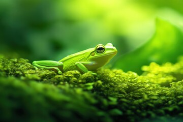 Obraz premium close-up of a green frog resting on moss in a lush environment
