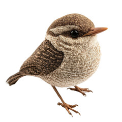 ANGLED VIEW of a perfectly made hyper realistic Wren bird soft toy isolated on a white transparent background
