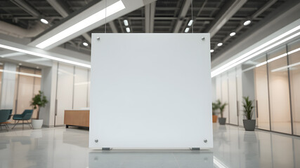 Modern light coworking office interior, empty white mock up banner on wall.
