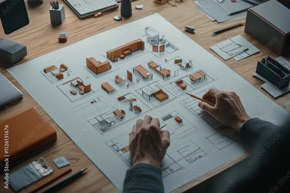 Fototapete A person designing a layout with miniature models and sketches on a workspace.