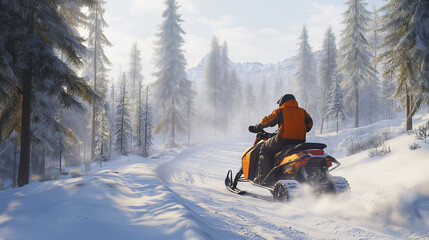 A snowmobile rider crosses a hilly track in a snowy forest, Ai generated images