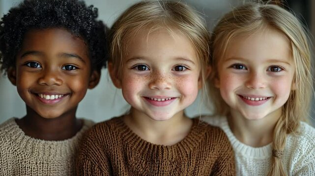 video of three smiling children of different nationalities, diversity, african american boy, caucasian kid, asian kid, childhood, friends