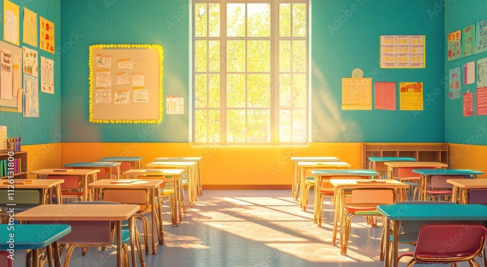 Aufkleber A bright, inviting classroom filled with colorful desks and sunlight streaming through the windows.
