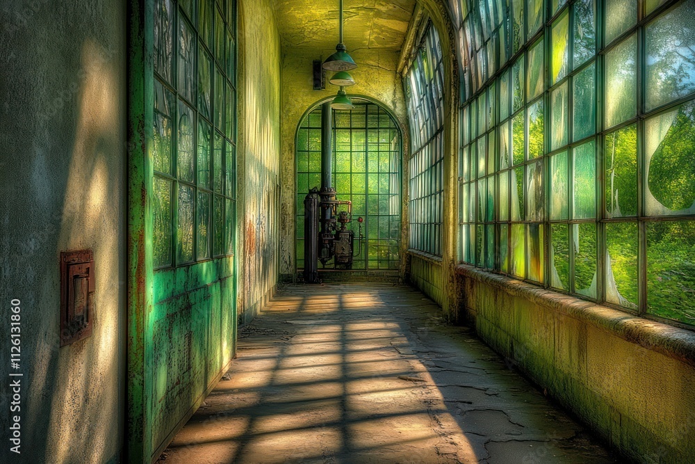 Poster An abandoned corridor with large windows, overgrown greenery, and dappled light.