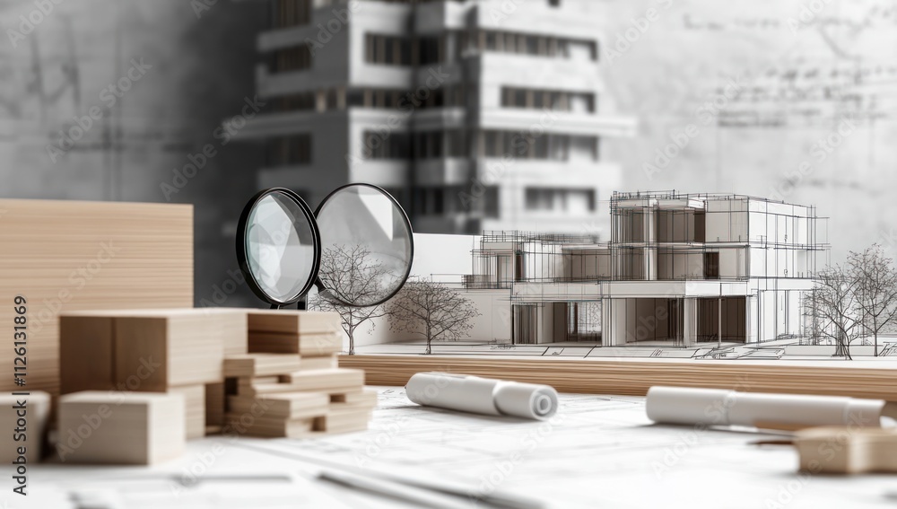 Poster Architectural model and blueprints with tools for design and planning.