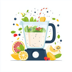 Fototapeta premium food illustration featuring a smoothie drink in a kitchen blender, with ingredients like fruits, greens, nuts, and chia seeds, showing the process of making a healthy, nutritious smoothie with spinach