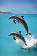 The illustration of two cute dolphins jumping out the water. 