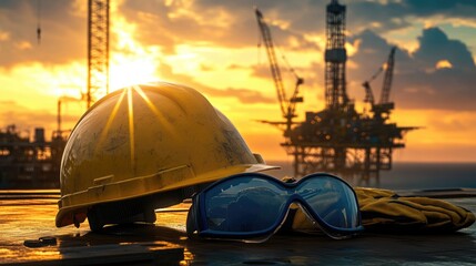 Safety Gear at Sunset with Offshore Oil Rig in Background