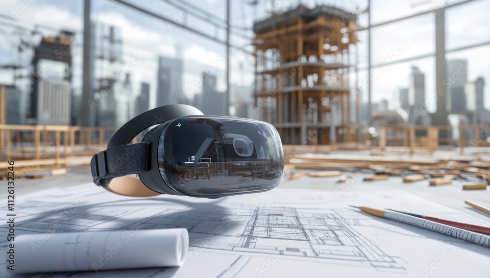 Poster A virtual reality headset placed on architectural blueprints in a construction setting.