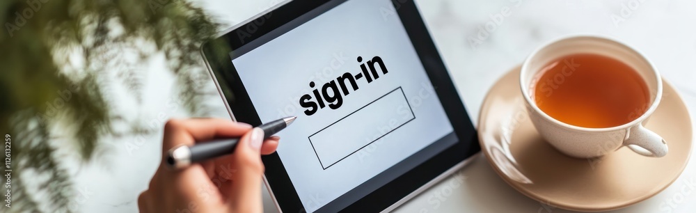 Poster a hand using a stylus on a tablet displaying a sign-in screen next to a cup of tea.