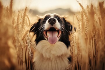 A happy dog smiling in a golden wheat field during sunset.