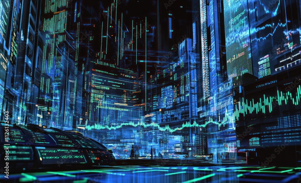 Leinwandbilder futuristic digital landscape with vibrant data visualizations and technological interfaces.
