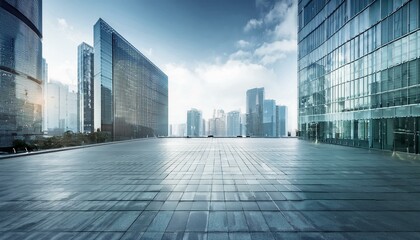 Fototapeta premium A wide-angle shot of a busy city street lined with modern and historic buildings, with people walking.