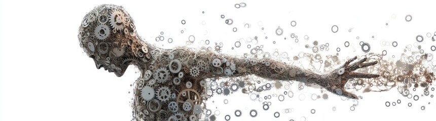 Obraz premium A human figure dissolving into mechanical elements, symbolizing the fusion of humanity and technology.