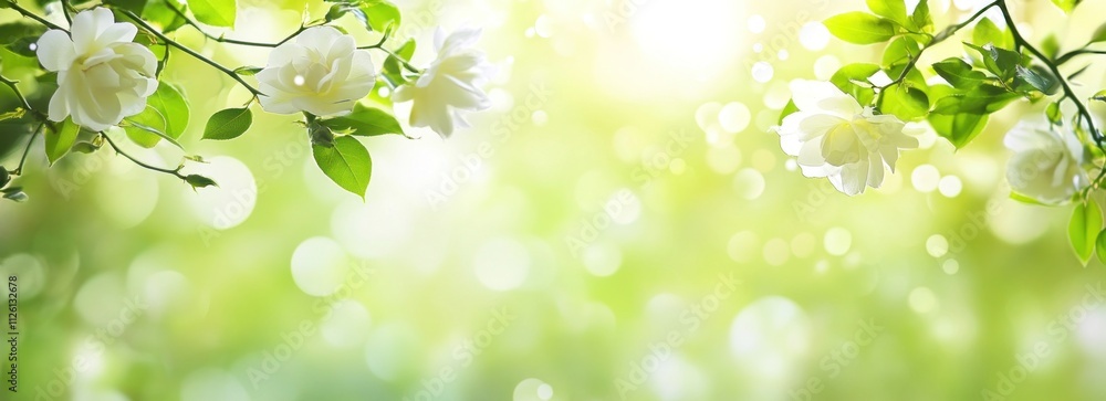 Poster a serene background featuring blooming white roses and soft bokeh light.
