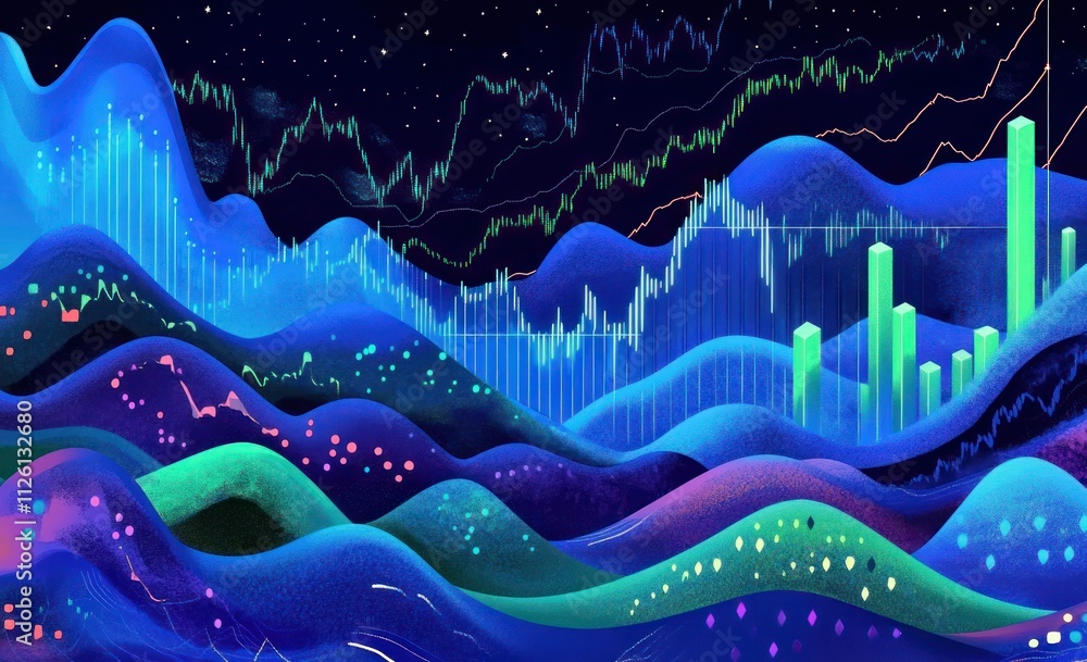 Fototapete Abstract visualization of data trends with vibrant waves and graphs.